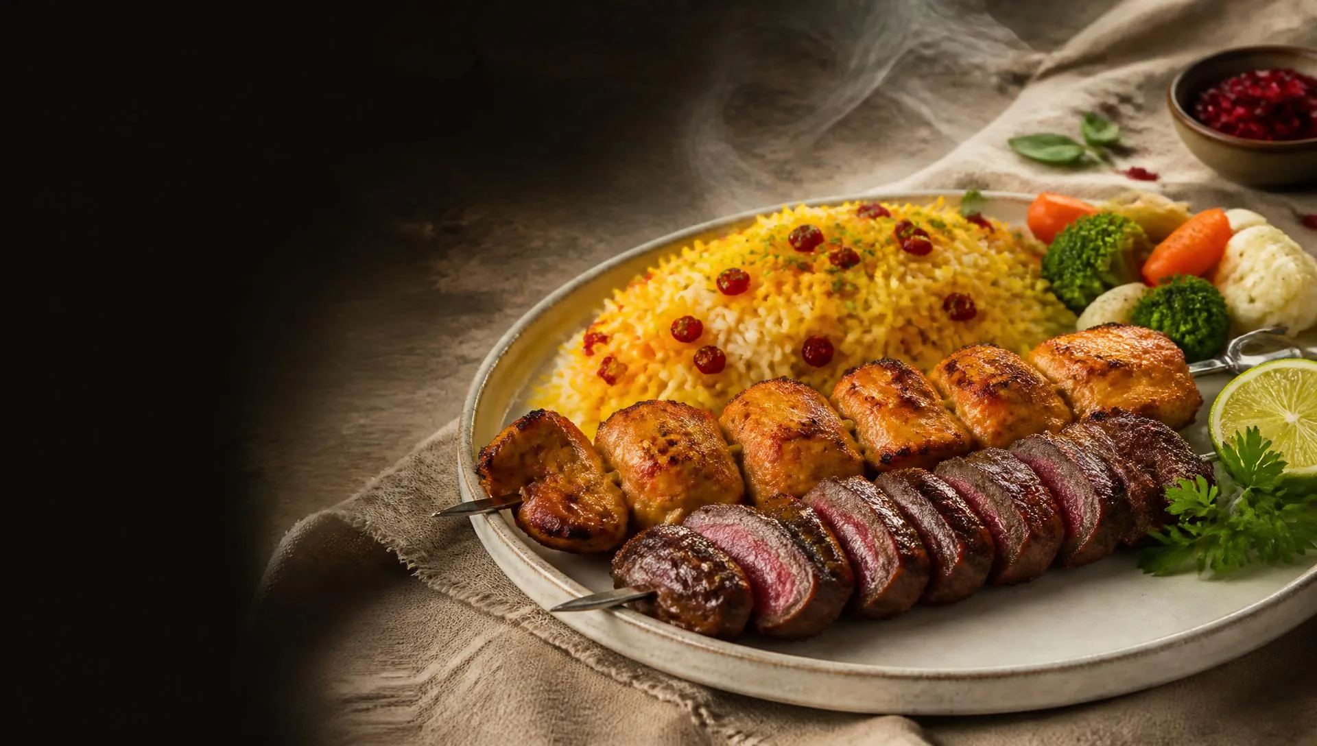 Saffron chicken and eye fillet skewers with saffron barberry rice and mixed vegetables on a cream ceramic plate