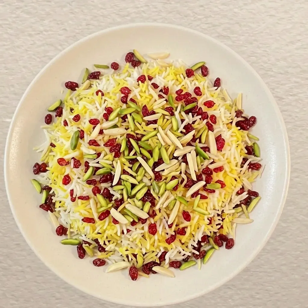 Persian zereshk polo — saffron basmati rice studded with tart red barberries, served on a white ceramic plate