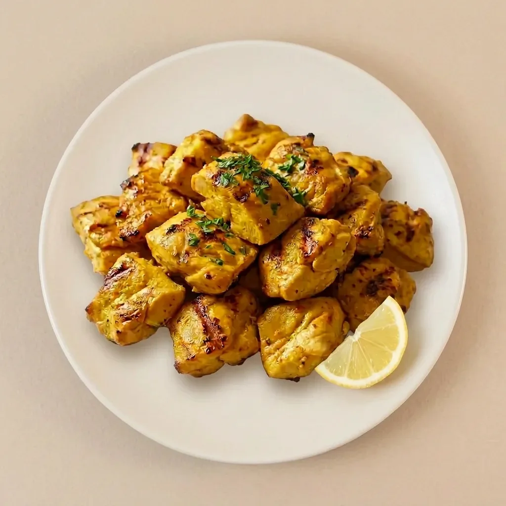 Chargrilled saffron chicken pieces plated on their own on a white ceramic plate