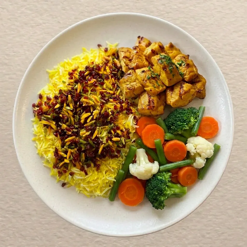Saffron chicken meal plated on a white ceramic plate with chargrilled chicken, golden saffron rice and mixed vegetables