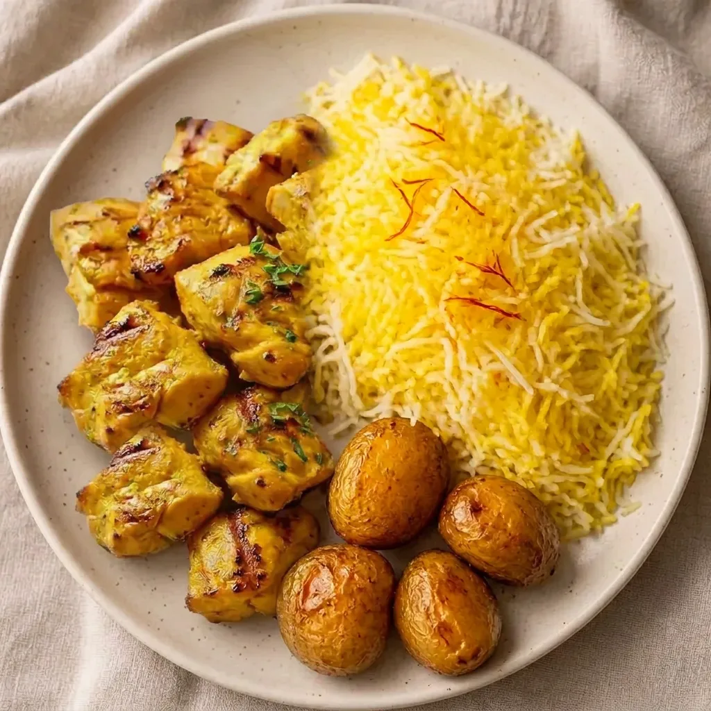 Saffron chicken with golden saffron rice and chargrilled potatoes on a matte grey ceramic plate