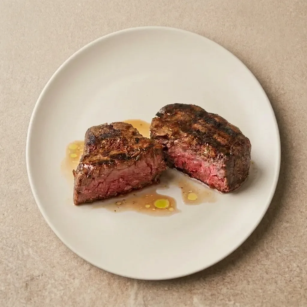 Chargrilled eye fillet steak plated on its own on a white ceramic plate, sliced and cooked evenly through