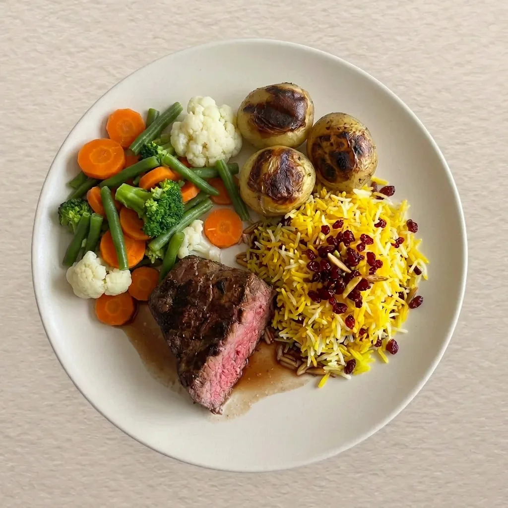 Eye fillet meal plated on a white ceramic plate with sliced chargrilled steak, saffron barberry rice, roasted baby potatoes and mixed vegetables