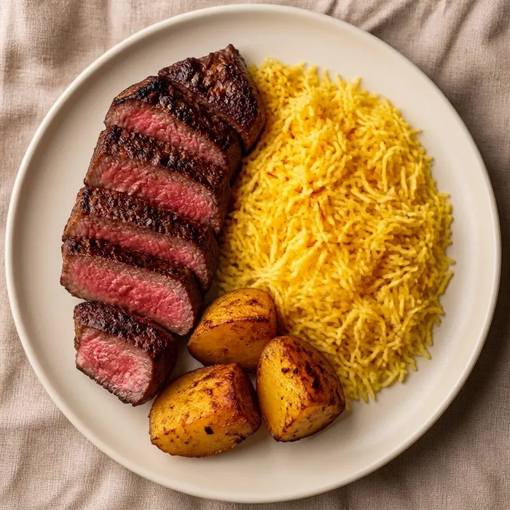 Chargrilled eye fillet steak, sliced and cooked through, with saffron rice and chargrilled potatoes on a white ceramic plate