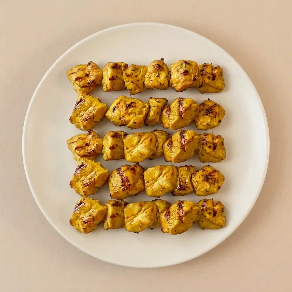 Five portions of saffron chicken skewer meat plated on a matte grey ceramic plate, protein only with no rice or vegetables