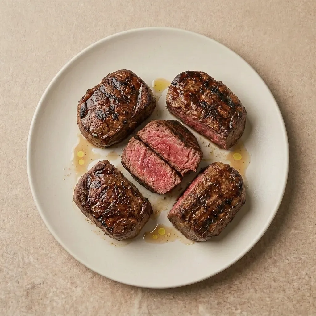 Five chargrilled eye fillet steaks plated on a matte grey ceramic plate, protein only with no rice or vegetables