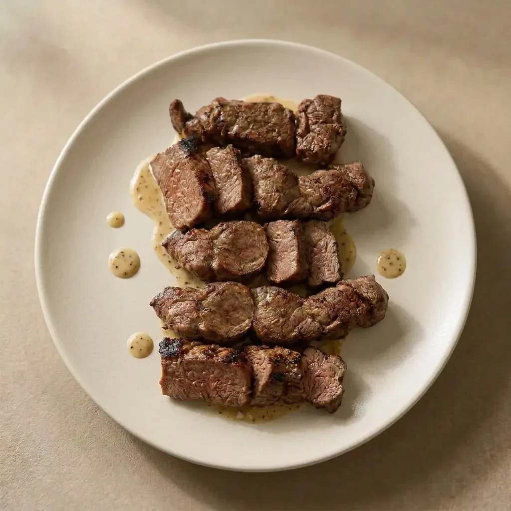 Five portions of sumac and saffron crusted lamb backstrap plated on a matte grey ceramic plate, protein only with no rice or vegetables