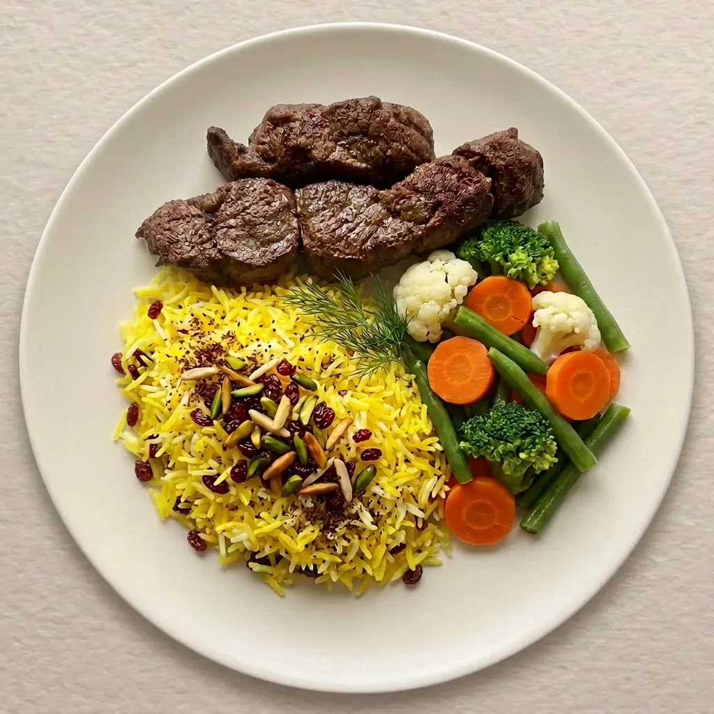 Lamb meal plated on a white ceramic plate with sliced sumac and saffron crusted lamb backstrap, golden saffron rice and mixed vegetables