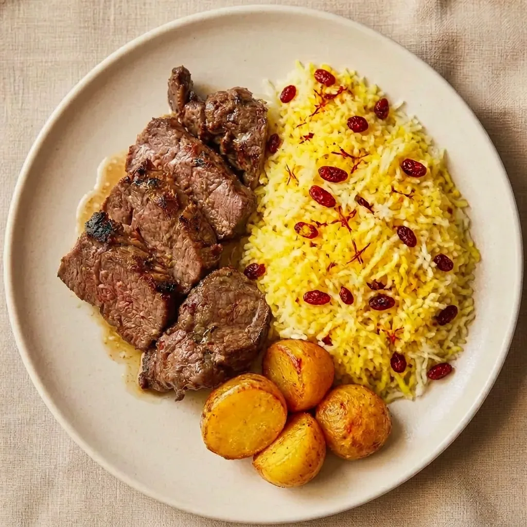 Sliced sumac and saffron crusted lamb backstrap with saffron barberry rice and chargrilled potatoes on a matte grey ceramic plate