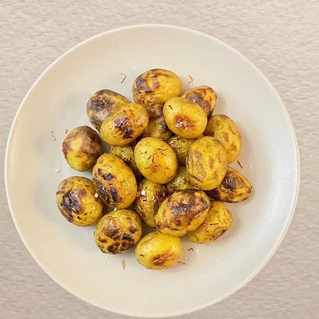 Golden saffron-roasted potatoes plated on their own on a white ceramic plate