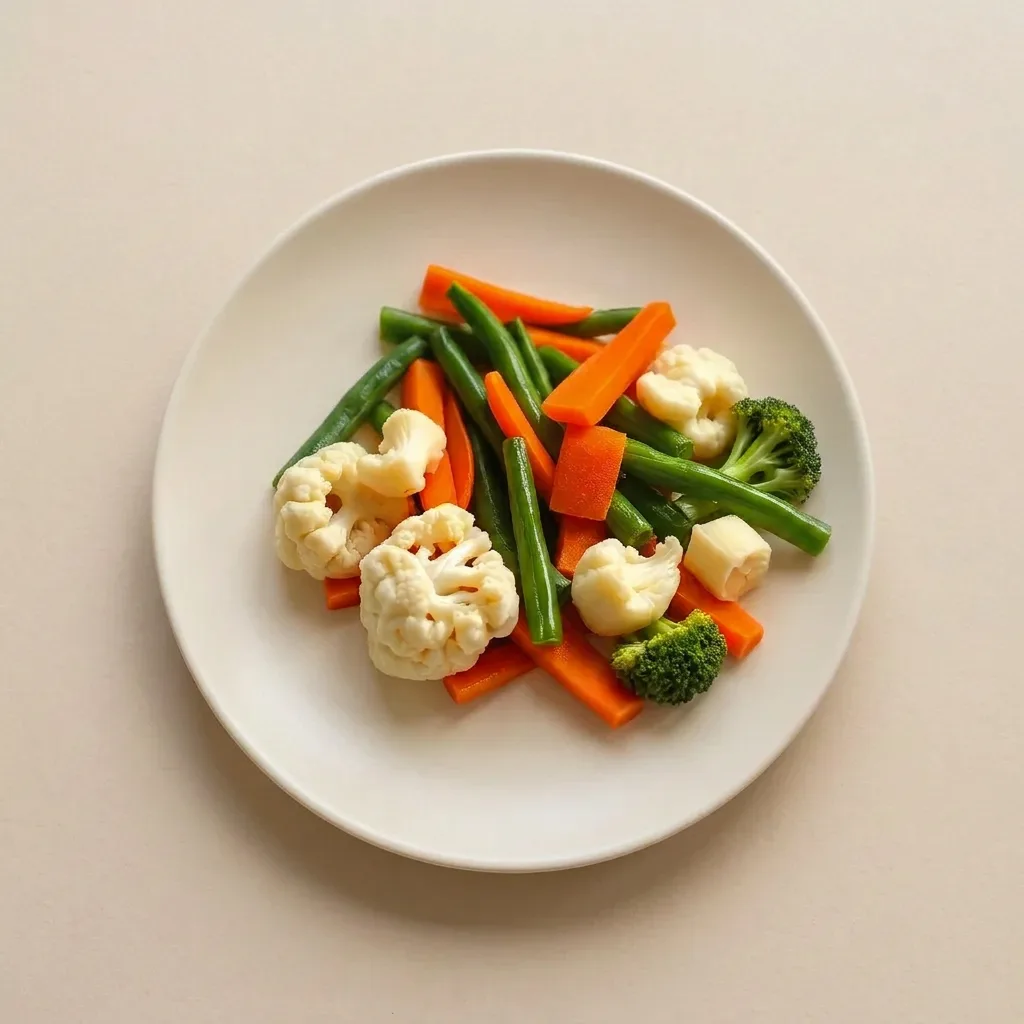 Mixed vegetables — beans, carrot, cauliflower and broccoli — plated on a white ceramic plate
